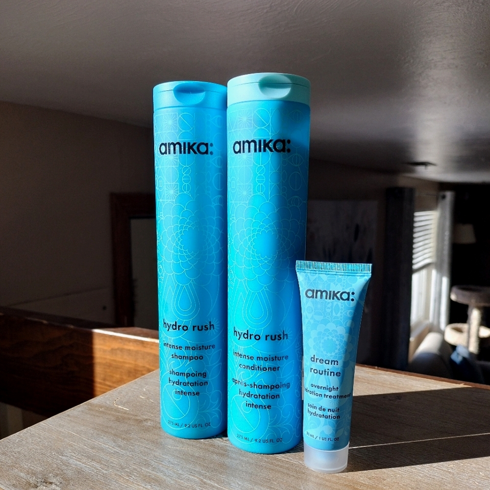 Amika Hydro Rush Shampoo, Conditioner, Sample overnight treatment. 95% full.